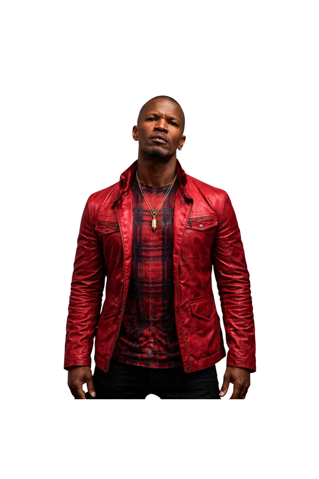 Man wearing a red leather jacket over a plaid shirt on a white background