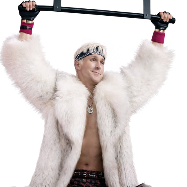 Person wearing a white fur coat and colorful pants hanging from a bar.