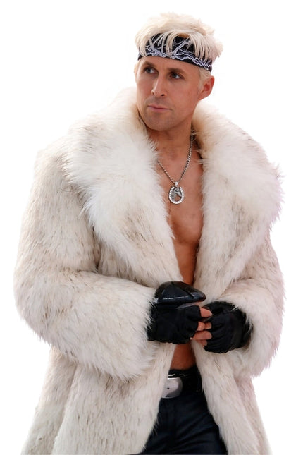 Man wearing a white fur coat and black gloves on a white background