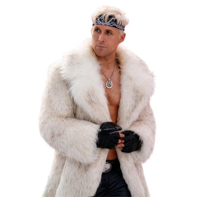 Man wearing a white fur coat and black gloves on a white background