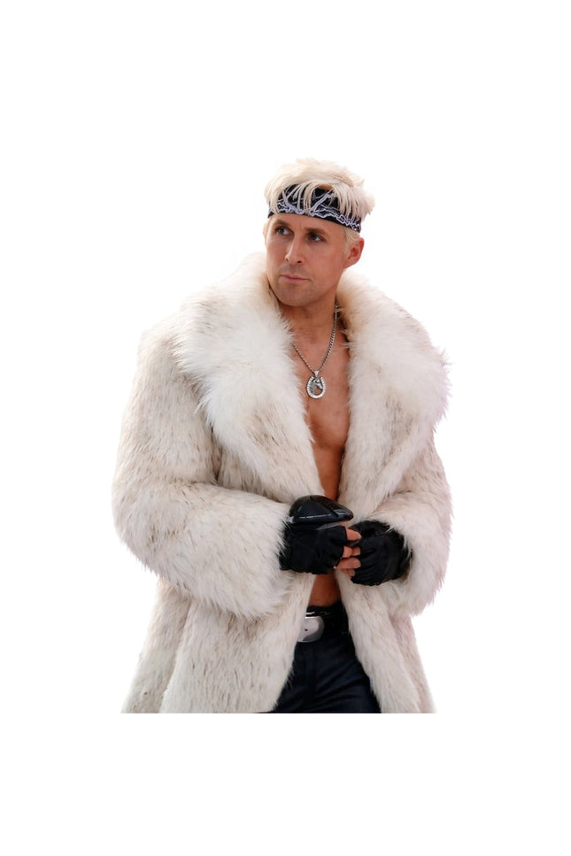 Man wearing a white fur coat and black gloves on a white background