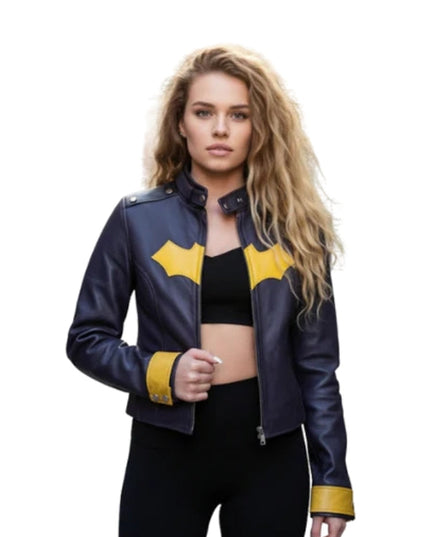 Woman wearing a blue leather jacket with yellow accents on a white background