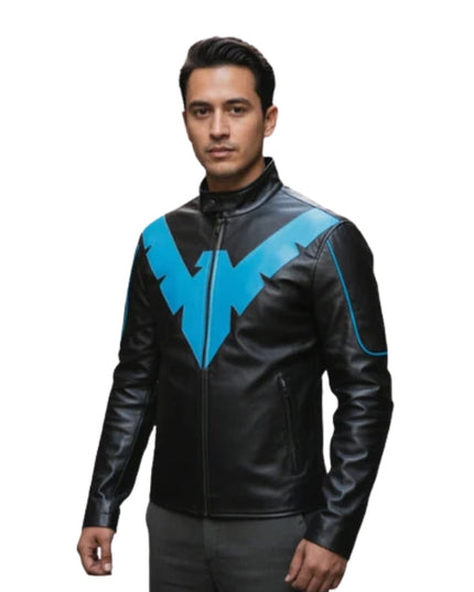 Man wearing a black leather jacket with a blue logo on a white background