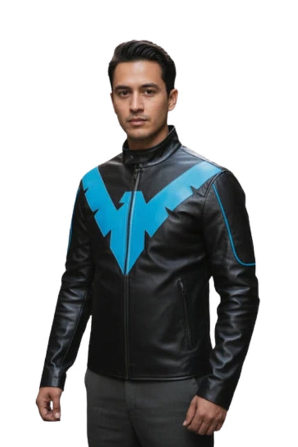 Man wearing a black leather jacket with a blue logo on a white background