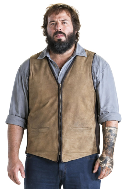 Man wearing a brown vest over a gray shirt on a white background