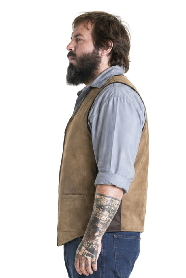 Man wearing a brown vest over a gray shirt on a white background