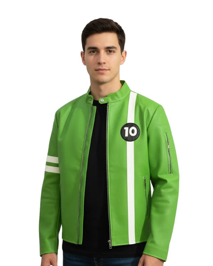 Man wearing a green jacket with a number 10 patch on a white background