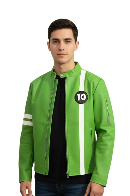 Man wearing a green jacket with a number 10 patch on a white background