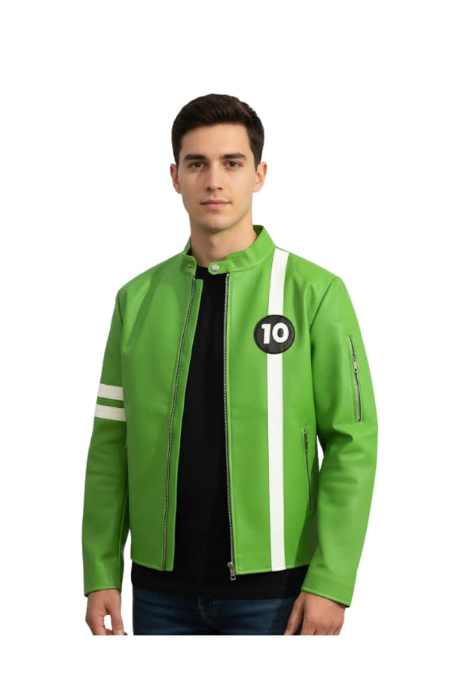 Man wearing a green jacket with a number 10 patch on a white background