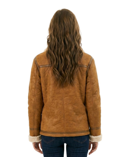 Brown leather jacket worn by a person on a white background