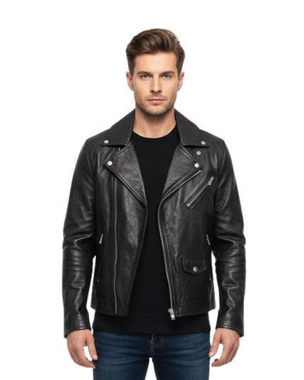 Man wearing a black leather jacket on a white background