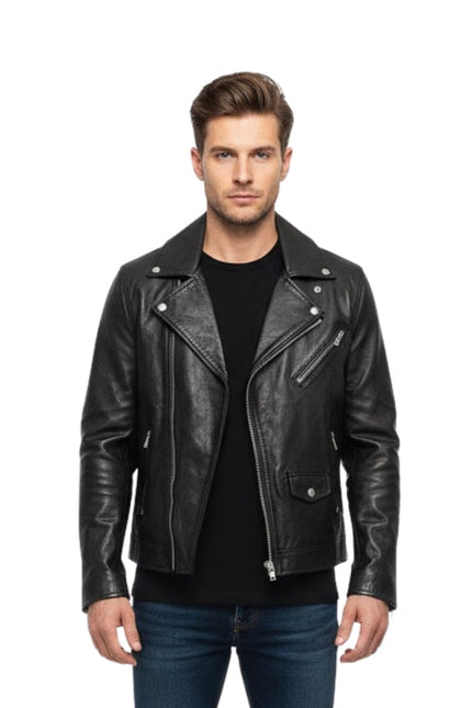 Man wearing a black leather jacket on a white background