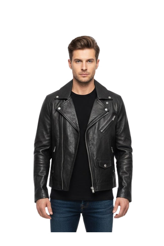 Man wearing a black leather jacket on a white background