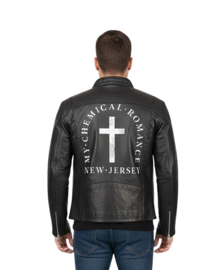 Man wearing a black leather jacket with 'My Chemical Romance New Jersey' text and cross design on the back.