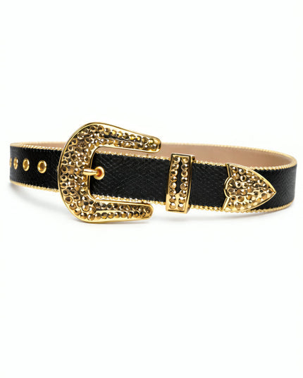 Black belt with gold buckle and decorative elements on a white background