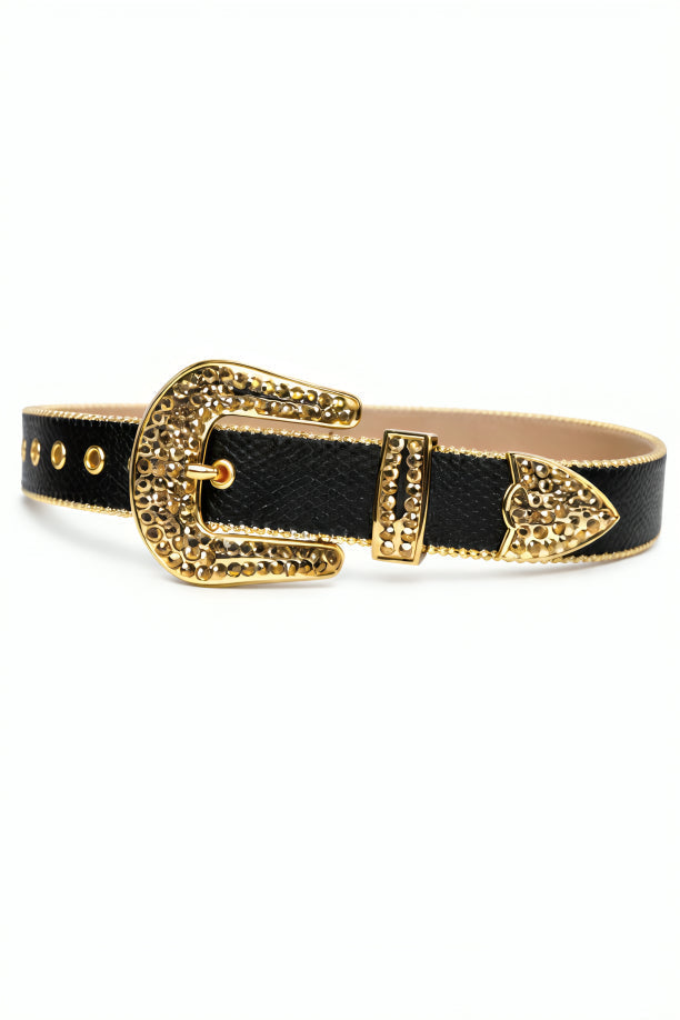 Black belt with gold buckle and decorative elements on a white background