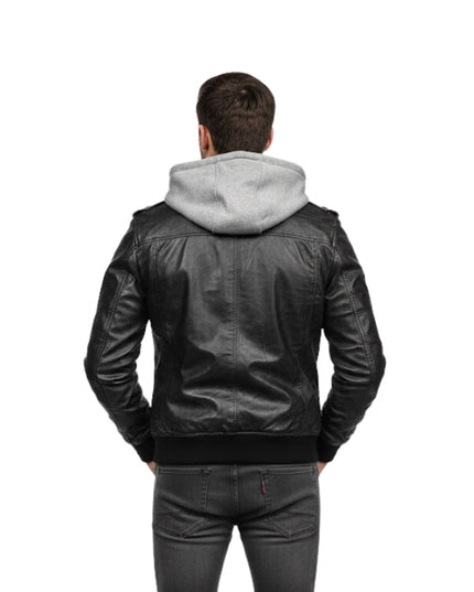 Black Leather Jacket With Removable Hood For Mens