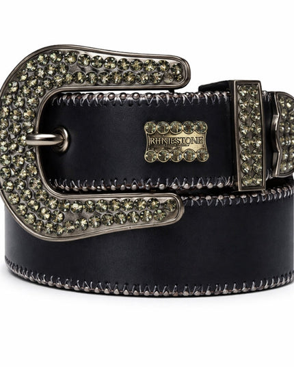 Black belt with rhinestone buckle on a white background