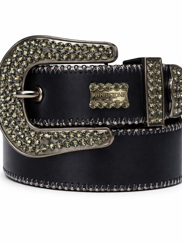 Black belt with rhinestone buckle on a white background