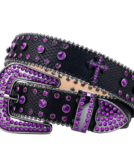 Black belt with purple rhinestones and a cross buckle on a white background