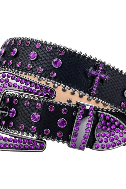 Black belt with purple rhinestones and a cross buckle on a white background