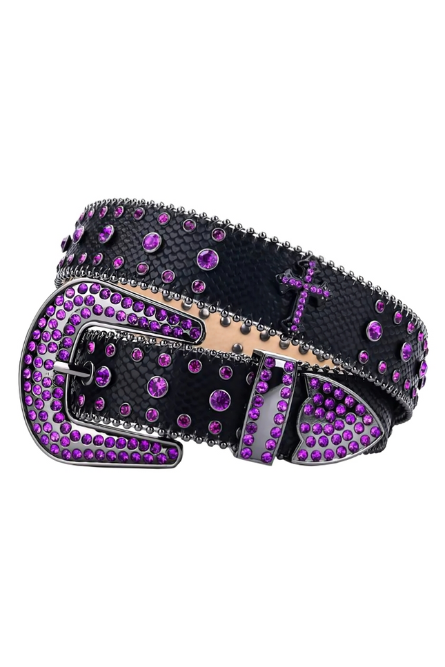 Black belt with purple rhinestones and a cross buckle on a white background