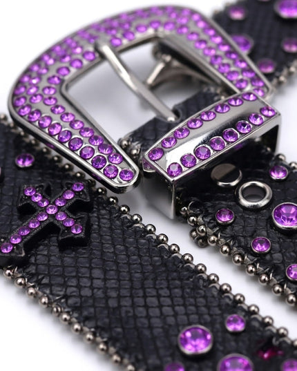 Black belt with purple gemstones and cross design on a white background