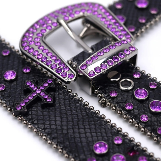 Black belt with purple gemstones and cross design on a white background