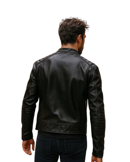 Black Quilted Biker Leather Jacket For Men's