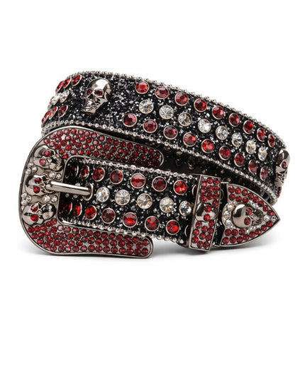 Decorative belt with red and silver embellishments on a white background
