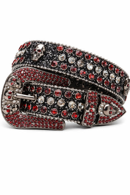 Decorative belt with red and silver embellishments on a white background