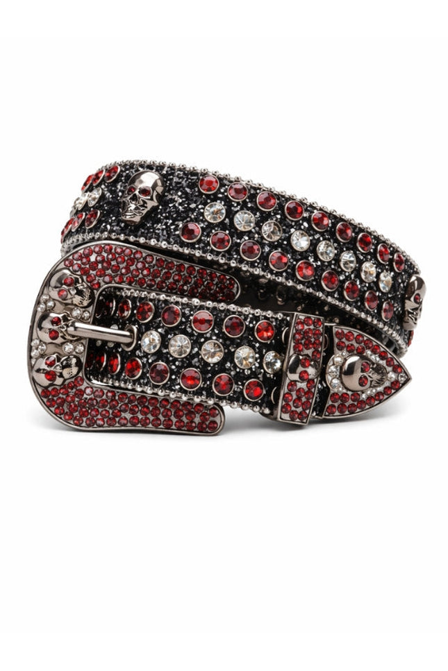 Decorative belt with red and silver embellishments on a white background