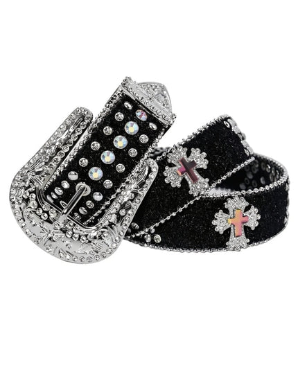 Black belt with silver buckle and decorative elements on a white background