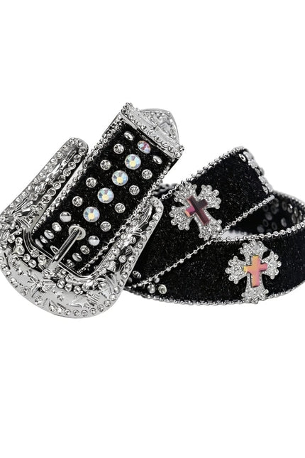 Black belt with silver buckle and decorative elements on a white background
