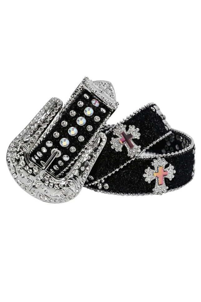 Black belt with silver buckle and decorative elements on a white background