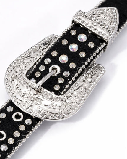Black belt with silver buckle and rhinestones on a white background
