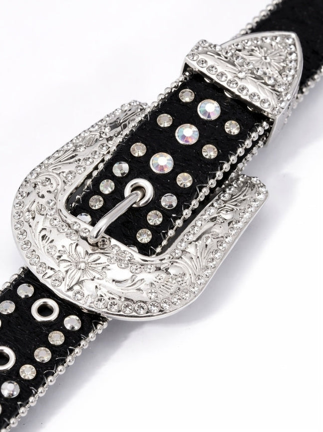 Black belt with silver buckle and rhinestones on a white background