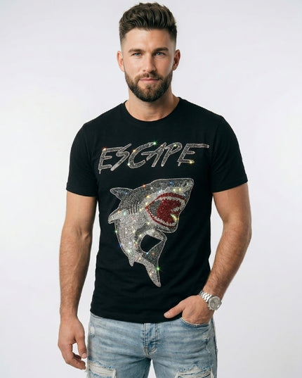 Man wearing a black t-shirt with a shark graphic and 'ESCAPE' text on a white background