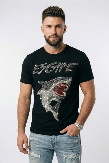 Man wearing a black t-shirt with a shark graphic and 'ESCAPE' text on a white background