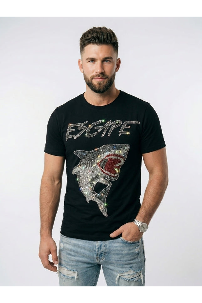 Man wearing a black t-shirt with a shark graphic and 'ESCAPE' text on a white background