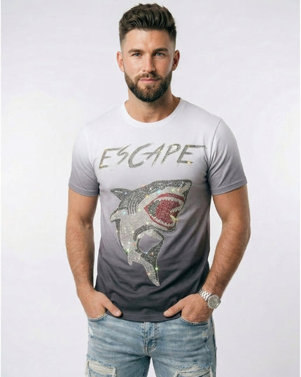 Man wearing a gray t-shirt with a shark graphic and 'ESCAPE' text on a white background