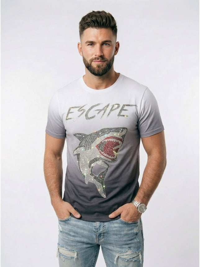 Man wearing a gray t-shirt with a shark graphic and 'ESCAPE' text on a white background