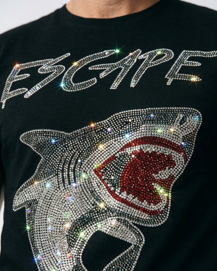Black shirt with a shark graphic and 'ESCAPE' text made of rhinestones.