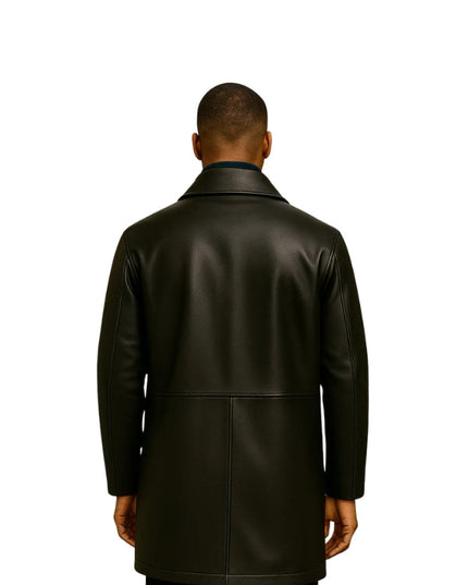 Black Slim Fit Men's Black Leather Trench Coat