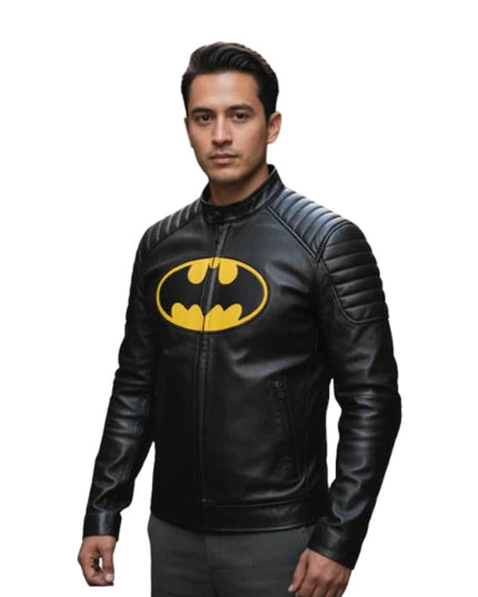 Man wearing a black leather jacket with a yellow Bat logo on a white background