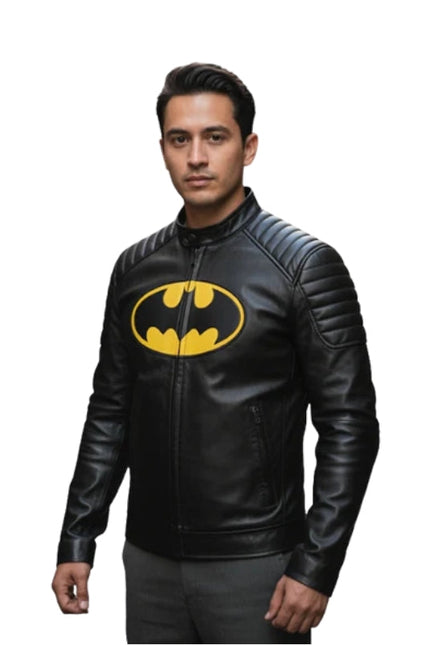 Man wearing a black leather jacket with a yellow Bat logo on a white background