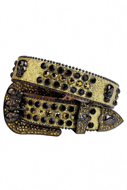 Decorative belt with black and gold embellishments on a white background