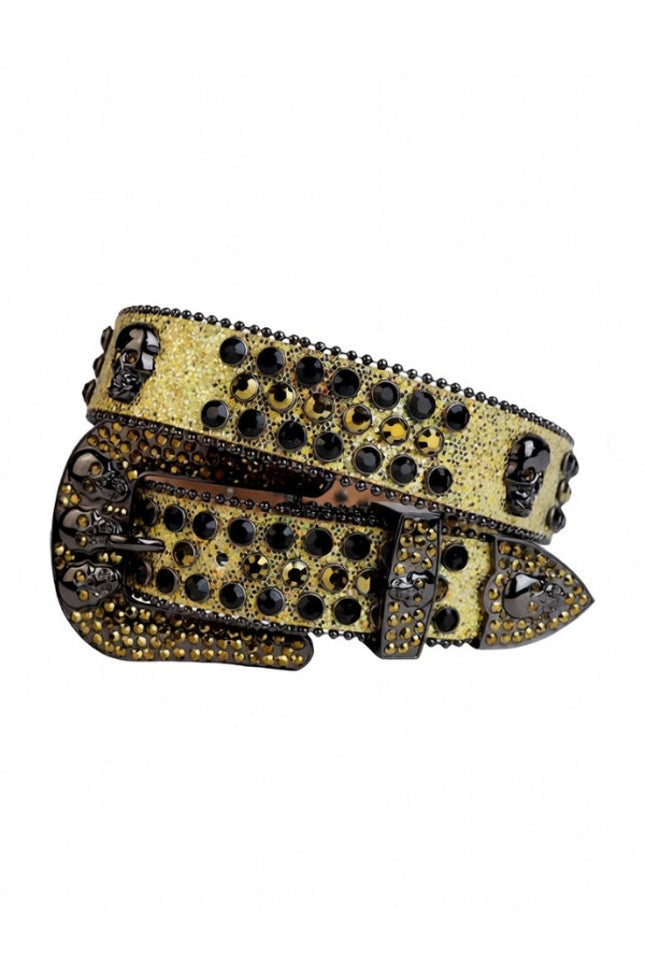Decorative belt with black and gold embellishments on a white background
