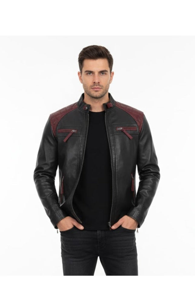 Man wearing a black leather jacket with red accents on a white background