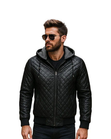 Black hooded bomber Quilted Leather Jacket